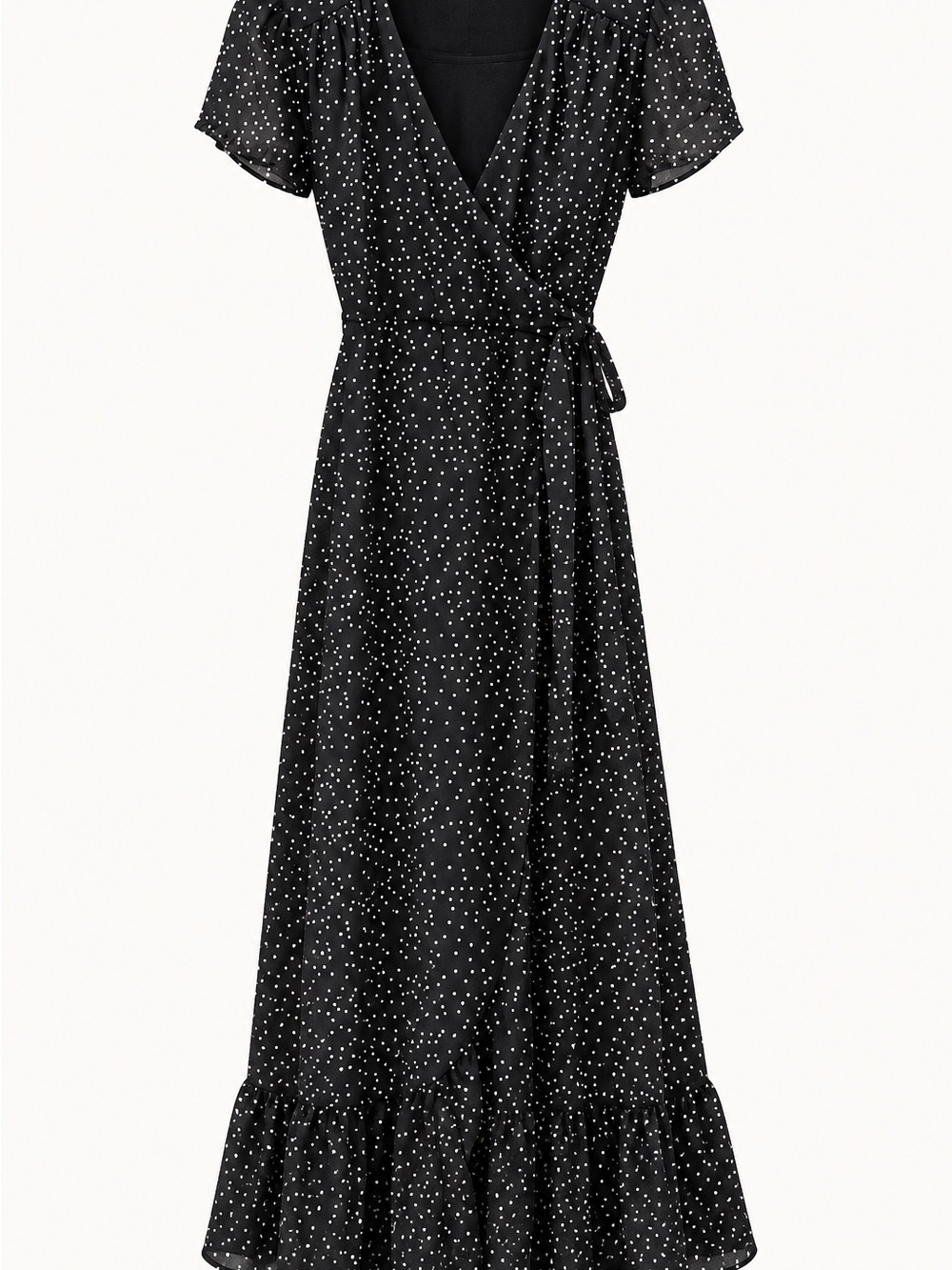 Black Polka Dot Wrap Maxi Dress - Elegant Women's Summer Dress